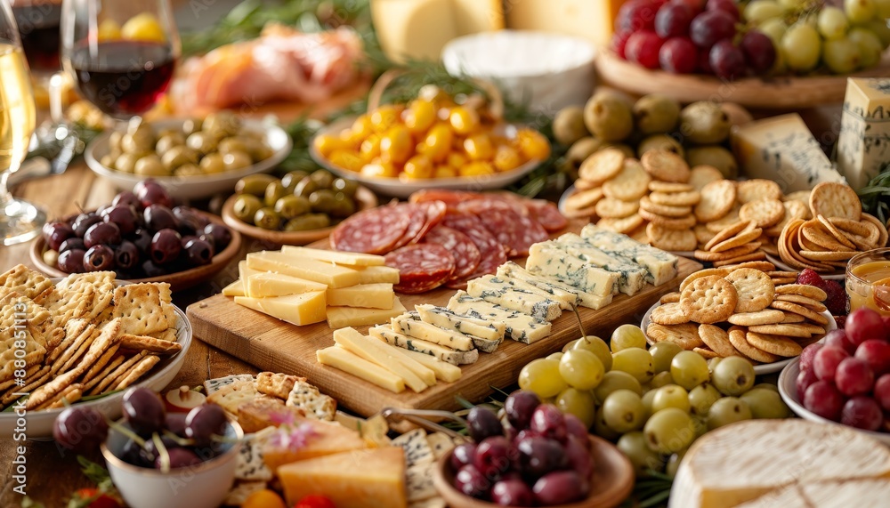 An inviting spread of gourmet appetizers, featuring an assortment of cheeses, crackers, olives, and fresh fruits, perfect for a social gathering or celebration An inviting spread of gourmet appetizers, featuring an assortment of cheeses, crackers, olives, and fresh fruits, perfect for a social gathering or celebration