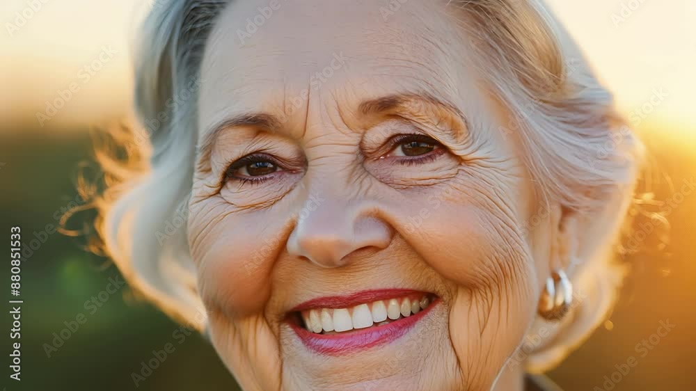 Closeup portrait of an older woman with silver hair and a warm smile Closeup portrait of an older woman with silver hair and a warm smile