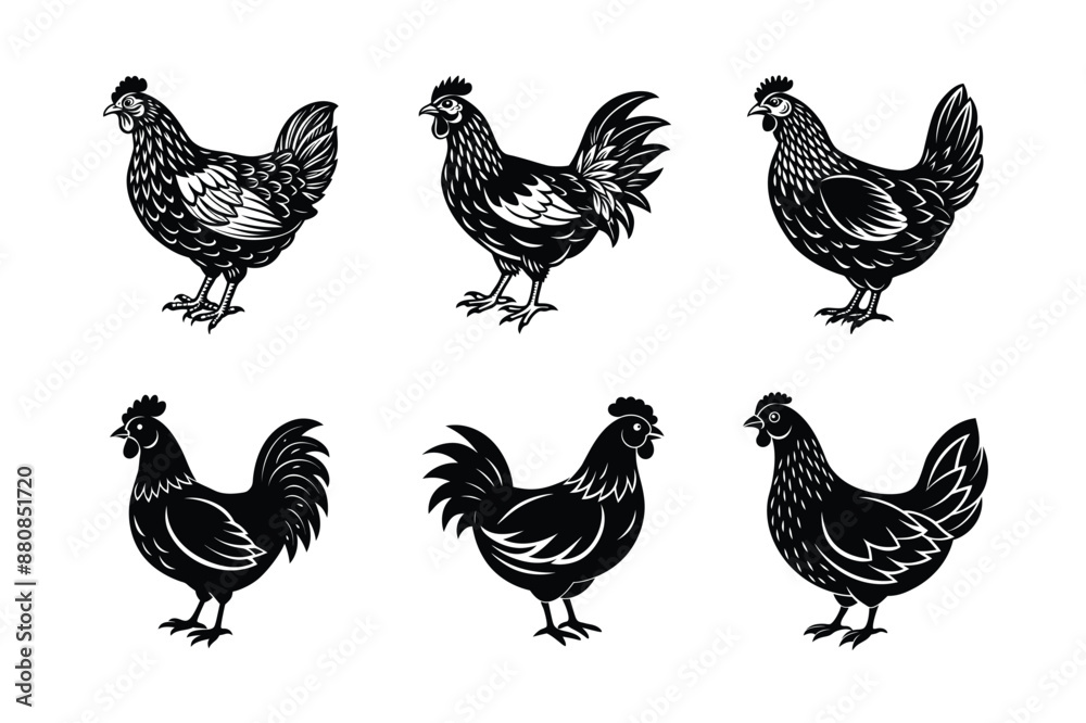 Fototapeta premium set of hen chicken Black Silhouette Bundle - Stunning Vector Illustrations for Wild or domestic animals Nature Lovers, isolated on white