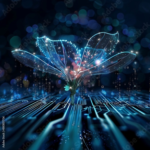 Futuristic cosmos flower with circuit big data technology, Generative AI