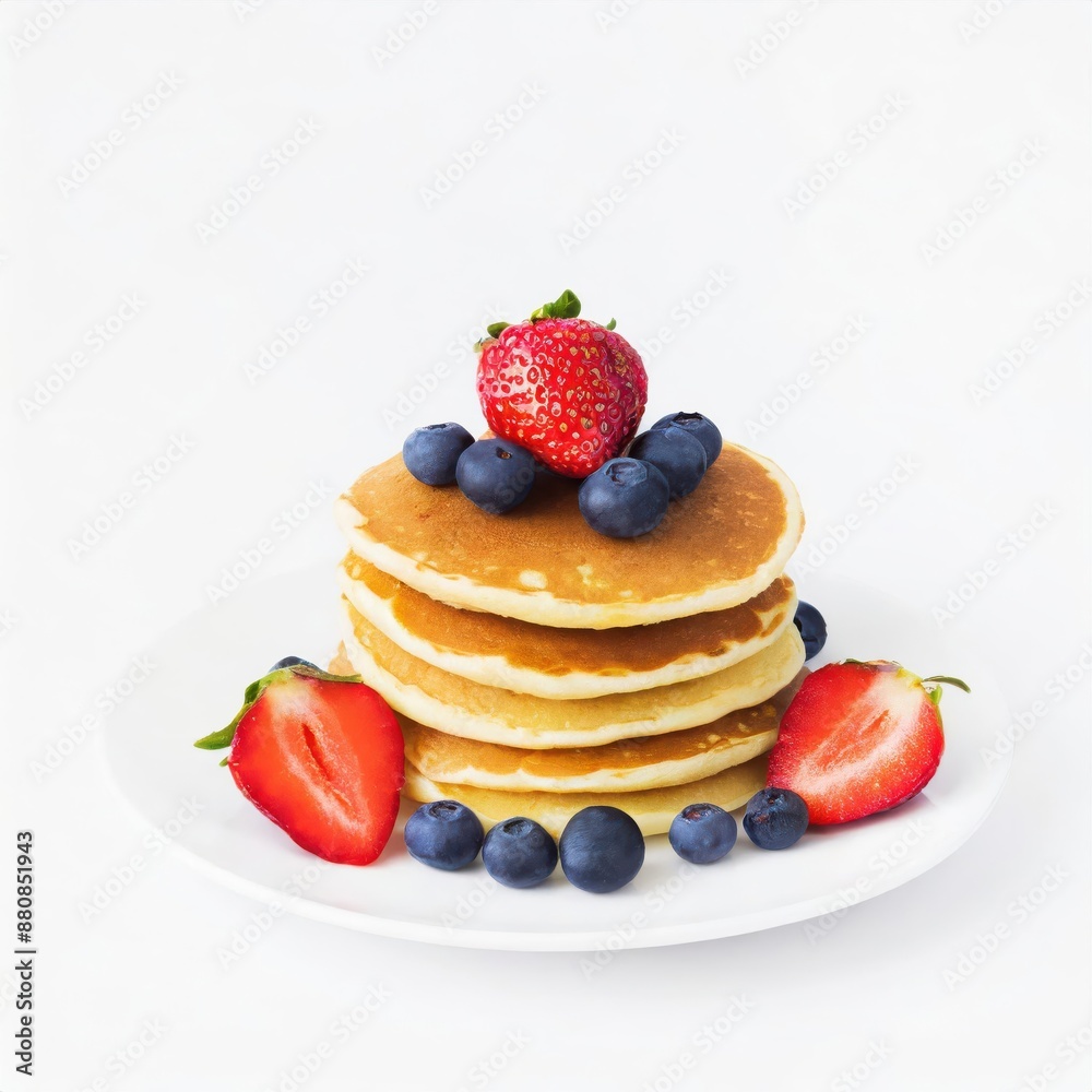 Pancake with strawberry and blueberry fruit isolated on white background Pancake with strawberry and blueberry fruit isolated on white background