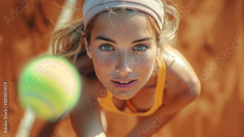 An action shot of a tennis player performing a serve on an outdoor court, focusing on the ball and racket with a dynamic motion blur effect.