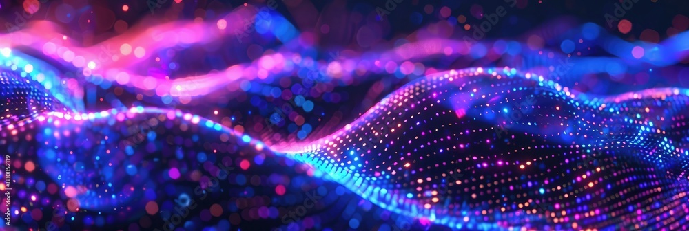 Abstract and digital hologram featuring dancing lights, vibrant neon shades, and fluid motion. Hologram dynamic wave of particles Abstract and digital hologram featuring dancing lights, vibrant neon shades, and fluid motion. Hologram dynamic wave of particles