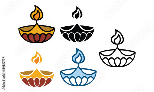 Indian gilded diya (oil lamp) isolated on white. Traditional element of ritual and religious ceremonies. Vector illustration.