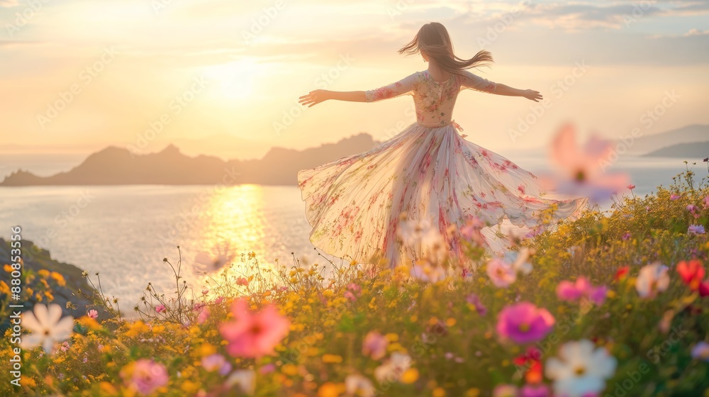 Obraz premium korea young Woman dancing in a dress full of colorful flowers on an island by the sea. Bright morning light.
