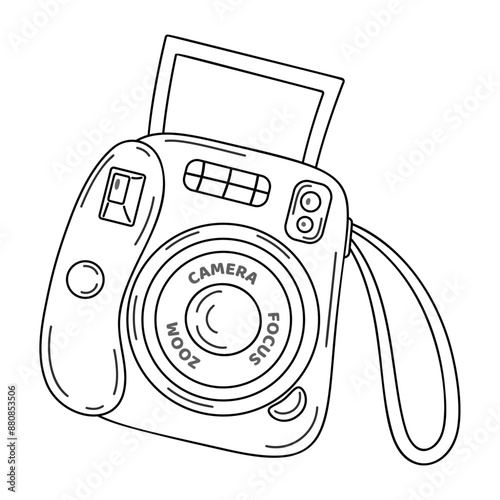 Instant camera device with photo, line art. Photography camera Hand drawn doodle style coloring page. Icon for websites or mobile applications. Flash and lens visible. Vector illustration