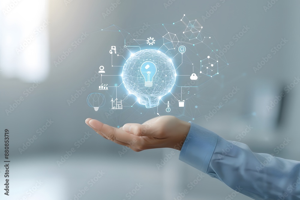 Innovative tech with holographic display of digital elements in a business professional's hand Innovative tech with holographic display of digital elements in a business professional's hand