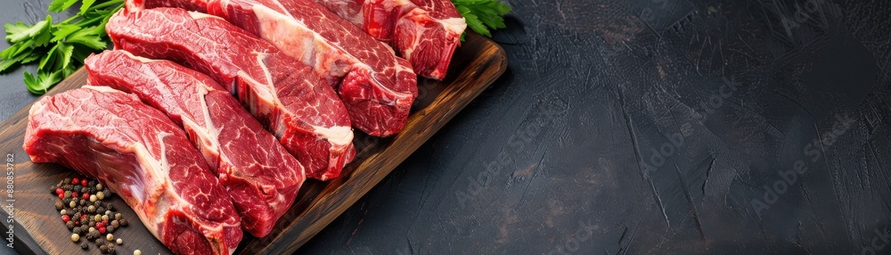 Raw marbled beef on a wooden board with spices, butcher's selection, premium meat cuts, culinary preparation Raw marbled beef on a wooden board with spices, butcher's selection, premium meat cuts, culinary preparation