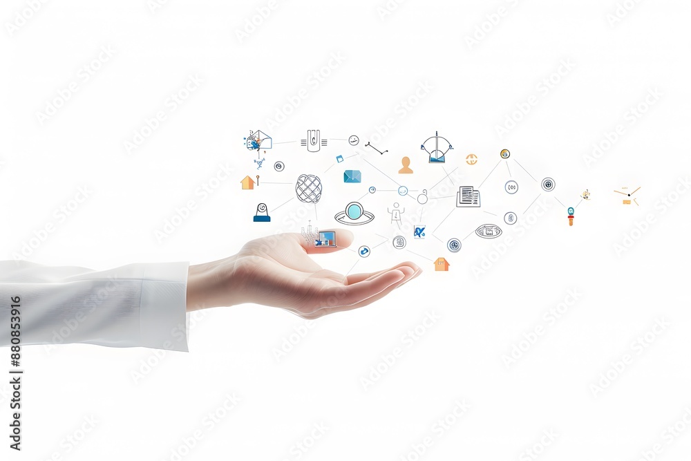 Hand holding digital icons representing connection, technology, and data interaction. Hand holding digital icons representing connection, technology, and data interaction.