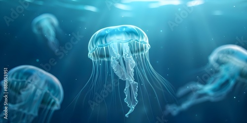 Stunning wideangle shot of glowing jellyfish in the mysterious ocean depths. Concept Underwater Photography, Bioluminescent Creatures, Ocean Exploration, Majestic Sea Life, Nature's Beauty