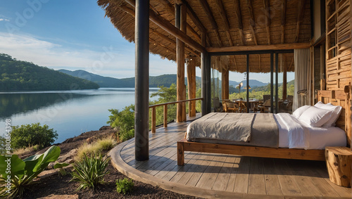 A serene ecolodge bedroom with a wooden bed, large windows, and a stunning view of a tranquil lake surrounded by hills