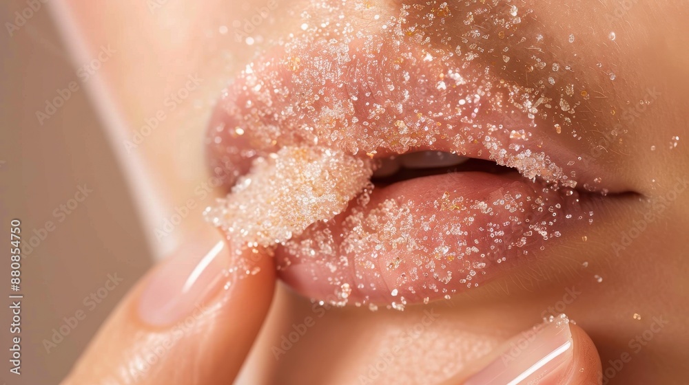 Fototapeta premium Close-up of person exfoliating lips with sugar scrub, showcasing textured granules for smoothness and hydration