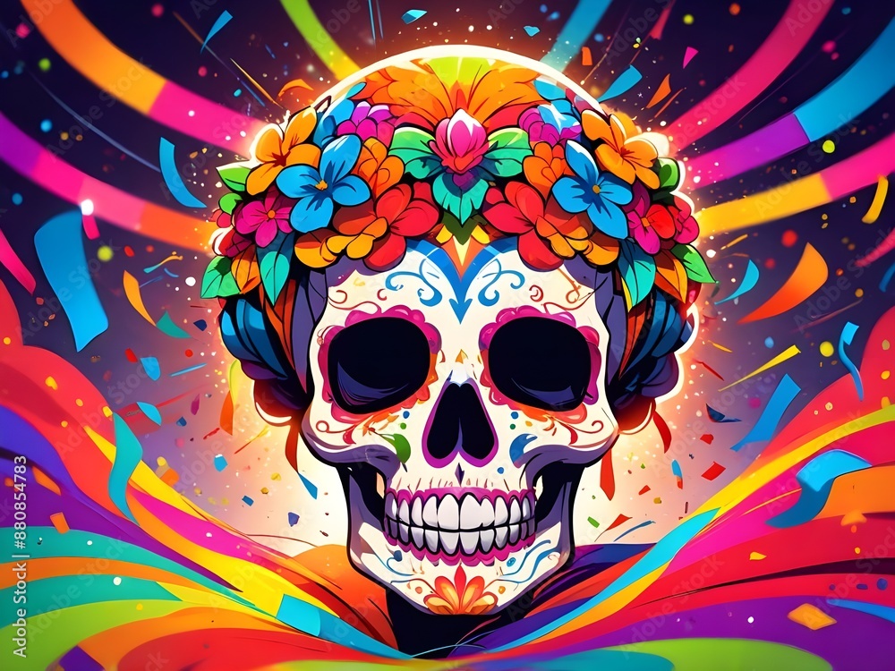 Vibrant Day of the Dead skulls in colorful celebration. Illustration. Generative AI Vibrant Day of the Dead skulls in colorful celebration. Illustration. Generative AI