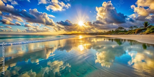 Wallpaper Mural Soft warm sunlight casts a peaceful glow on a tranquil beach scene featuring calm turquoise waters and a mirror-like reflection of a vibrant blue sky. Torontodigital.ca