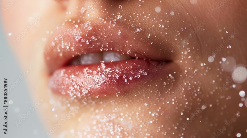 Fototapeta premium A Person's lips being exfoliated with a sugar scrub, showing the granules and texture