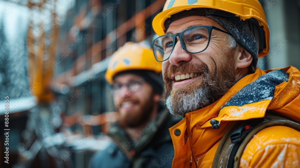 Engineer in a hard hat discussing project details with a construction crew, cranes in the background. Engineer in a hard hat discussing project details with a construction crew, cranes in the background.