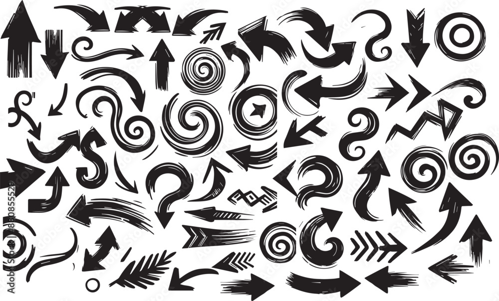 grunge arrow . Set of black hand drawn grunge doodle spiral and curved charcoal, chalk arrows on white background. Scribble symbols of direction pointers, swirl arrow elements for infographic design grunge arrow . Set of black hand drawn grunge doodle spiral and curved charcoal, chalk arrows on white background. Scribble symbols of direction pointers, swirl arrow elements for infographic design