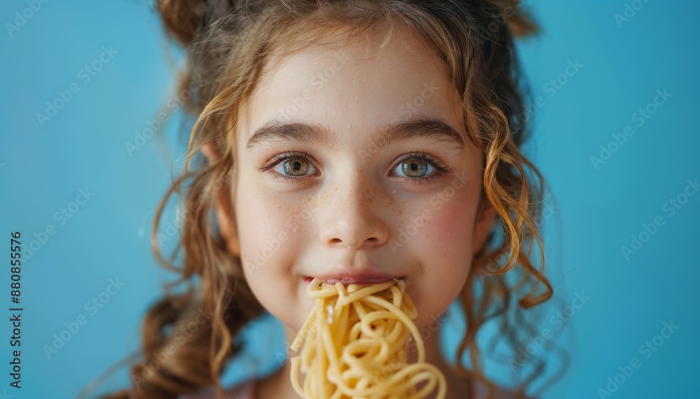 Naklejka premium Beautiful young girl eating delicious Italian pasta isolated on blue studio background. World pasta day