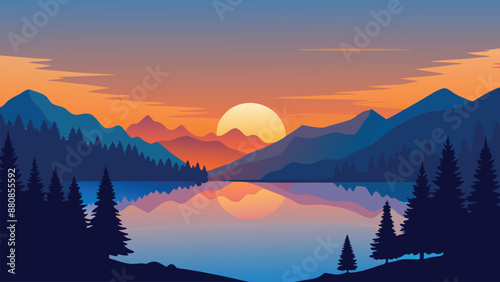 Spectacular summer sunrise on Dragan lake. Adorable morning view of Apuseni Natural Park. Incredible outdoor scene of Romania flat vector illustration natural background