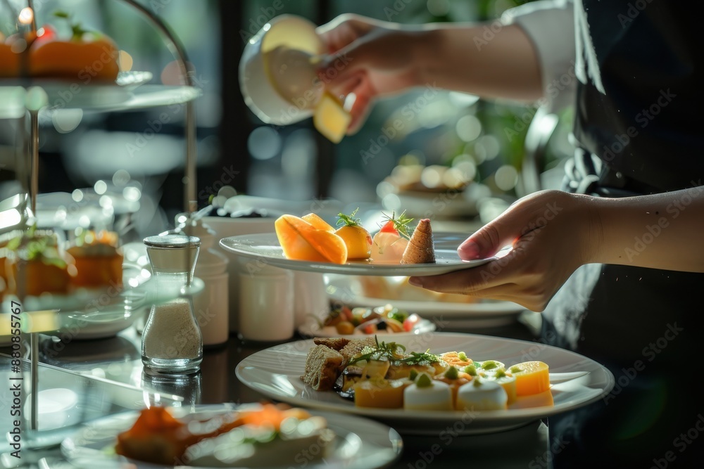 An image showing an avant-garde presentation of desserts and items on a buffet, focusing on the elegant details and artistic arrangement of the food for guests' delight. An image showing an avant-garde presentation of desserts and items on a buffet, focusing on the elegant details and artistic arrangement of the food for guests' delight.