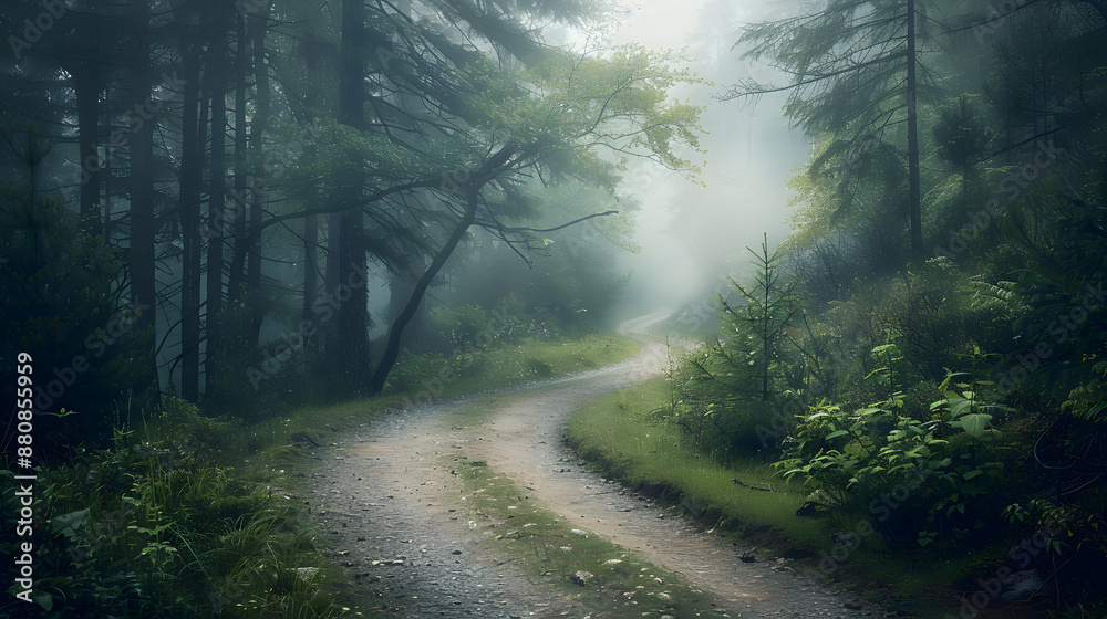 Obraz premium A forest path with foggy mist and trees