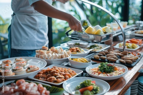 A diverse buffet breakfast with a wide variety of dishes, including fruits, pastries, and hot foods, being served by a chef in a bright, vibrant setting.