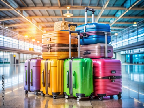 Colorful array of stacked luggage suitcases at airport gate, awaiting departure, with ample copy space, perfect for business travel or vacation trip planning and flight booking ads. photo