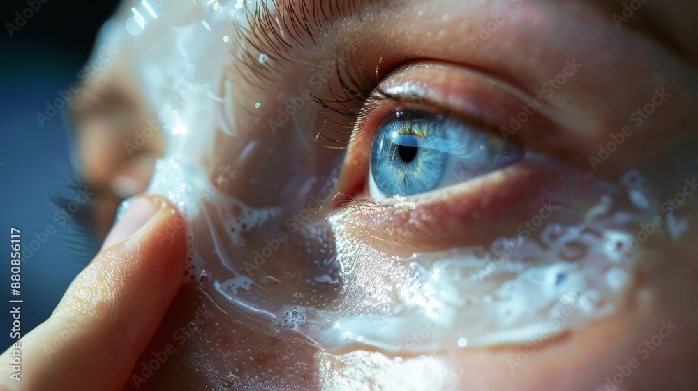 Fototapeta premium Refreshing Eye Care: Close-Up of Person Applying Cooling Gel Mask for Soothing Skin Treatment