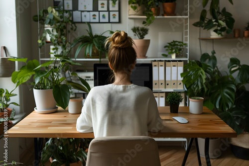 Woman working from home surrounded by plants, creating a calm and green workspace.