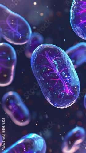 Luminous mitochondria suspended in a tranquil space, emitting vibrant, futuristic colors to symbolize cellular vitality.