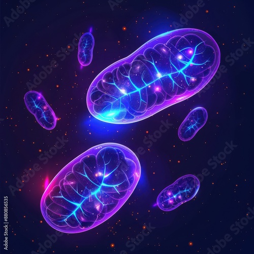 Futuristic, minimalist illustration of mitochondria in vibrant, modern colors against a simple backdrop.