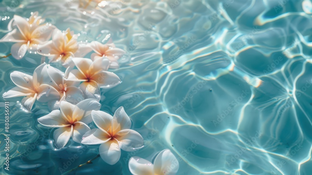 delicate lei of fresh frangipani flowers floating on pristine azure water surface soft sunlight creating subtle shadows and highlights on petals delicate lei of fresh frangipani flowers floating on pristine azure water surface soft sunlight creating subtle shadows and highlights on petals