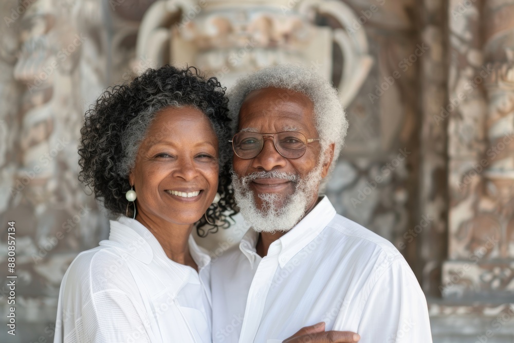 Fototapeta premium Portrait of a blissful mixed race couple in their 70s wearing a classic white shirt isolated on backdrop of a grand castle
