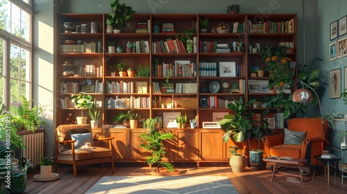 An organized bookshelf in a co-living space, filled with a variety of books, plants, and decorative items, creating a cozy reading corner.