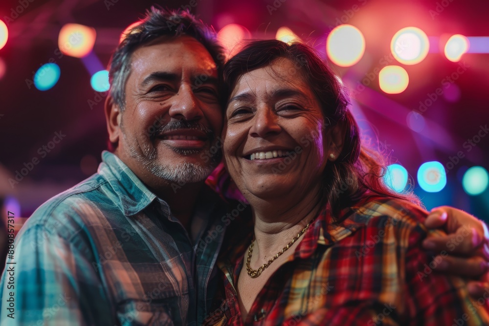 Portrait of a satisfied latino couple in their 40s wearing a comfy flannel shirt over lively concert stage Portrait of a satisfied latino couple in their 40s wearing a comfy flannel shirt over lively concert stage