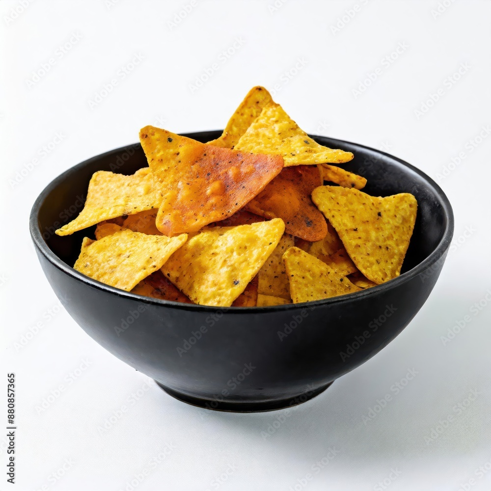 Nachos in a black bowl isolated on white background Nachos in a black bowl isolated on white background