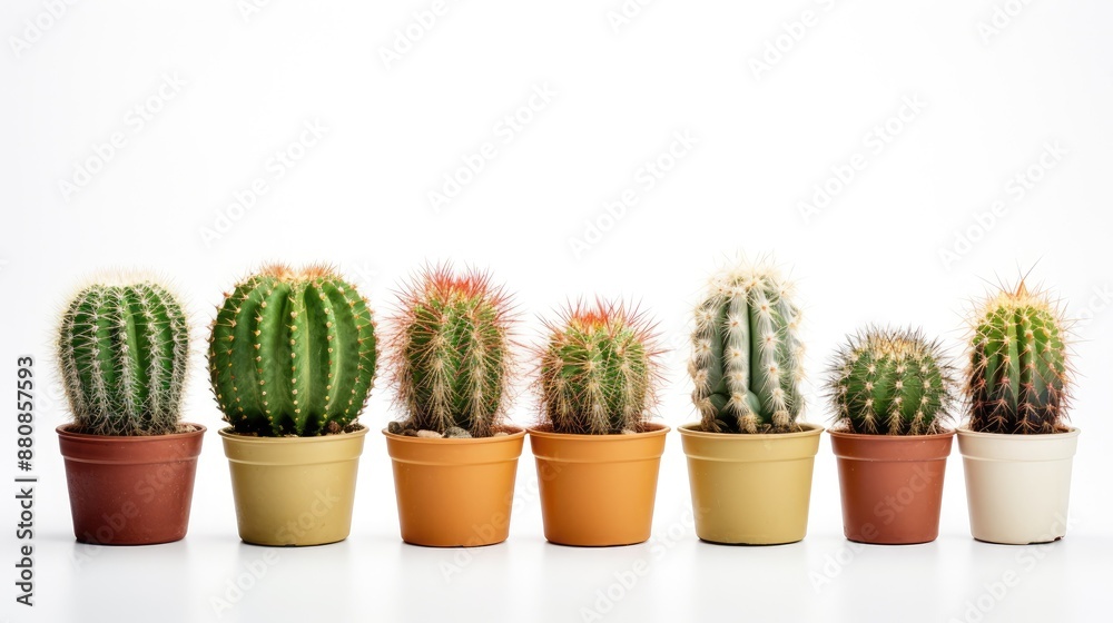 Row of potted cacti on white background. Row of potted cacti on white background.
