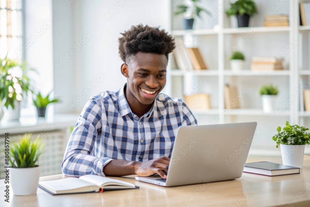 Teenage african man sitting in white office with laptop, smile, look at camera he is a student studying online with laptop at home, university student studying online, online web education concept Teenage african man sitting in white office with laptop, smile, look at camera he is a student studying online with laptop at home, university student studying online, online web education concept