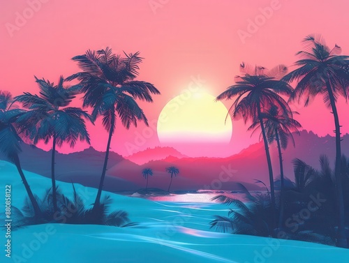 retrofuturistic sunrise scene with neonhued palm trees silhouetted against gradient sky mountains in background
