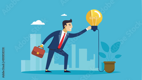 Smart Businessman Turning on Light Bulb to Illuminate Idea for Solving Company Problem