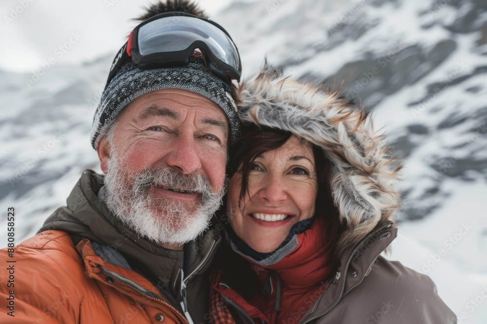 Portrait of a smiling multiethnic couple in their 50s dressed in a warm ski hat isolated on pristine snowy mountain Portrait of a smiling multiethnic couple in their 50s dressed in a warm ski hat isolated on pristine snowy mountain