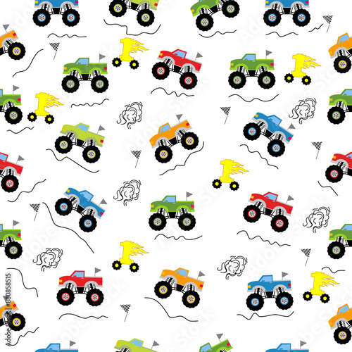 The Monster Truck Pattern Cartoon themed around fun and adventure, these cartoons depict scenarios such as giant truck races, bus jumps in mid-air, or adventurous.