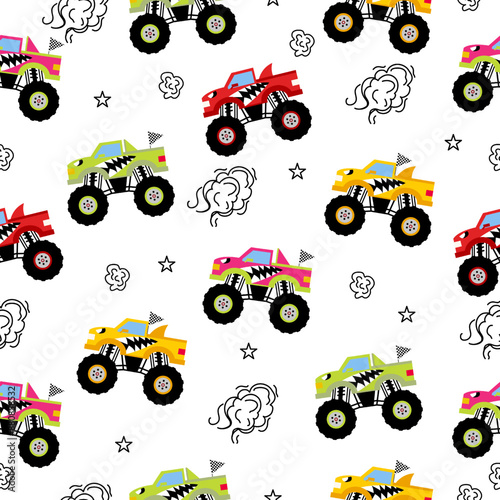 Monster truck  cartoon pattern design .monster truck pattern for kids clothing, printing, fabric ,cover.Monster car seamless pattern.Monster truck on white background.