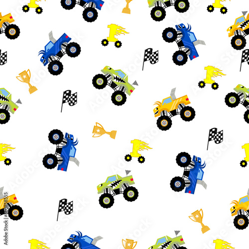 Monster truck  cartoon pattern design .monster truck pattern for kids clothing, printing, fabric ,cover.Monster car seamless pattern.