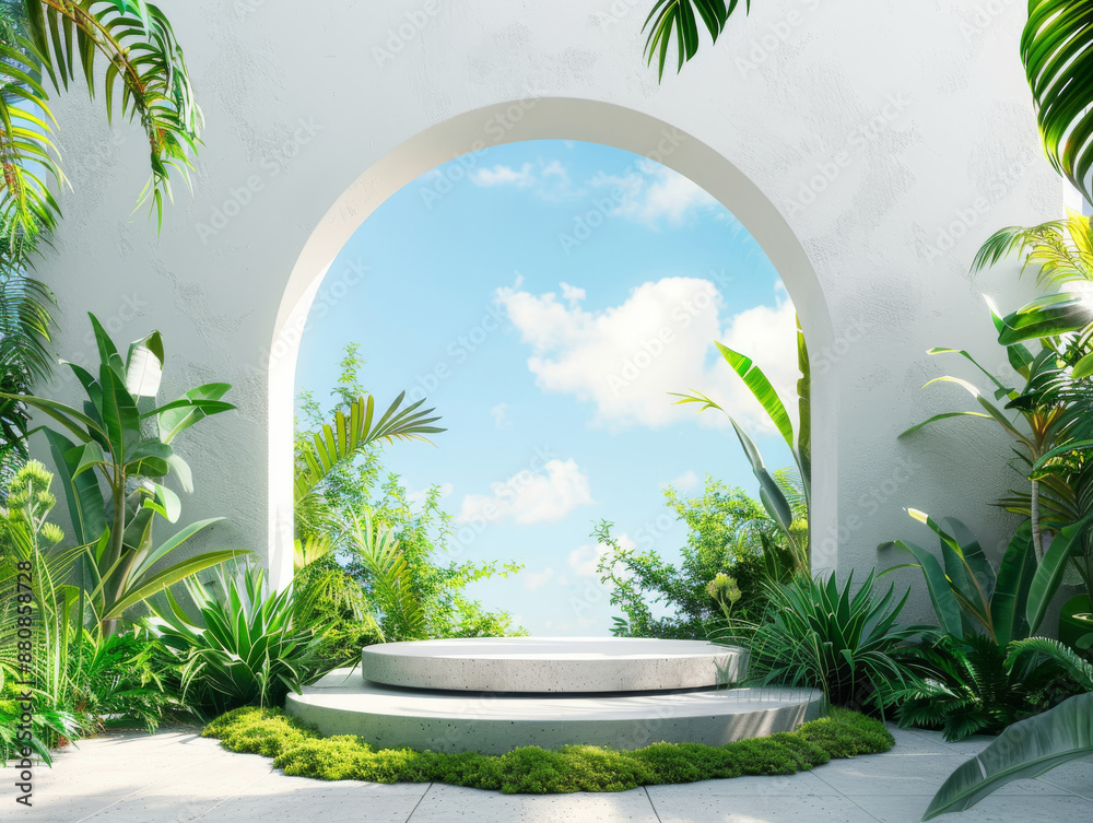 Circular wooden podium surrounded by green vines and flowers, set against blue sky with white clouds. Circular wooden podium surrounded by green vines and flowers, set against blue sky with white clouds.
