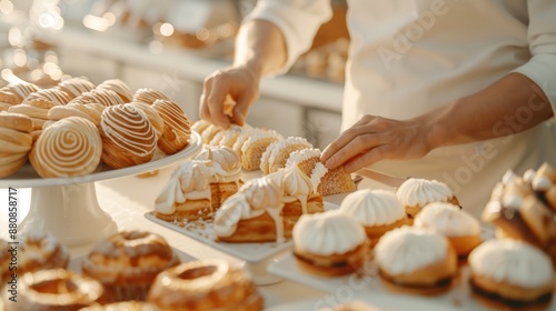 A passionate baker decorating pastries in a charming, sunlit bakery, highlighting their meticulous attention to detail, realistic photo, cinematography, hyper realistic