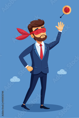 Blind Business Vision: Confused Businessman Throws Dart Blindfolded, Representing Leadership Failure and Unclear Goals