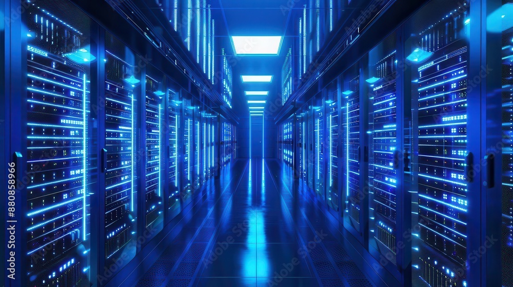 Fototapeta premium hightech server room interior with rows of equipment bluelit racks filled with servers switches and cables create a futuristic atmosphere of data processing power
