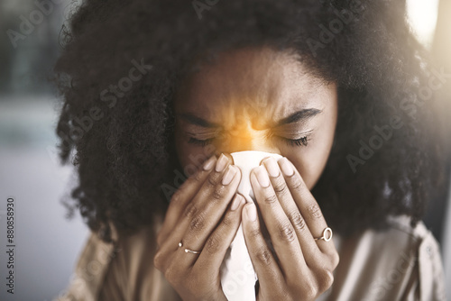 Canvastavla Sick woman, sinus and blowing nose with tissue for allergy, hayfever or illness at office