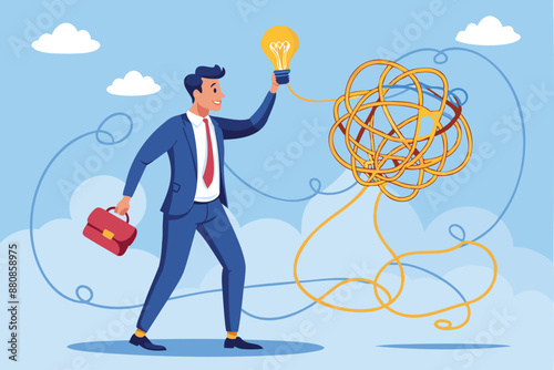 Smart businessman untangles messy lines of complex business ideas, simplifying problems and finding solutions for chaotic situations with lightbulb concept
